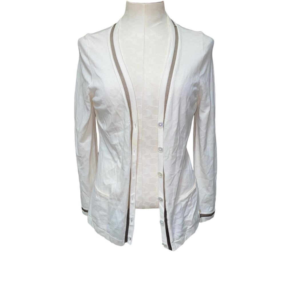 Escada White Virgin Wool Button Front Sheer Trim Cardigan Sweater Size Medium